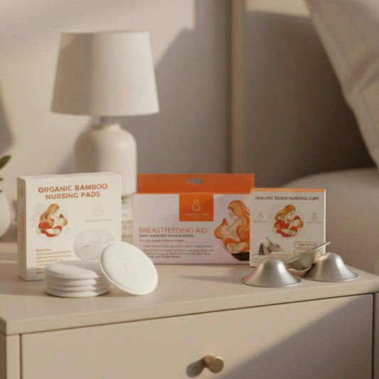 Organic bamboo nursing pads packaging on a dresser with a lamp in the background
